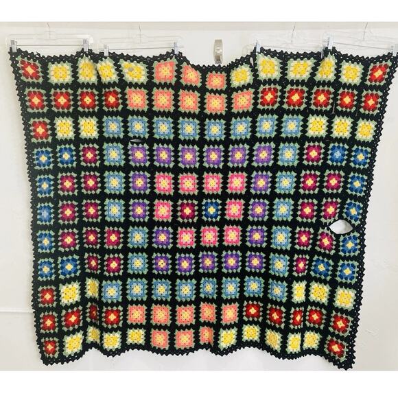 Vintage Granny Square Afghan Crochet 60x50” Blanket Handmade Throw Craft Damage - Picture 1 of 14